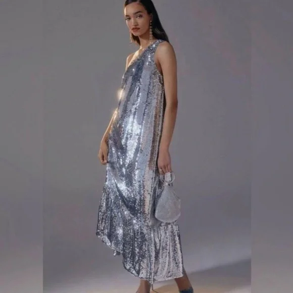 Anthropologie | Dresses | Anthropologie Womens Silver Sequin Maxi Dress |  Poshmark